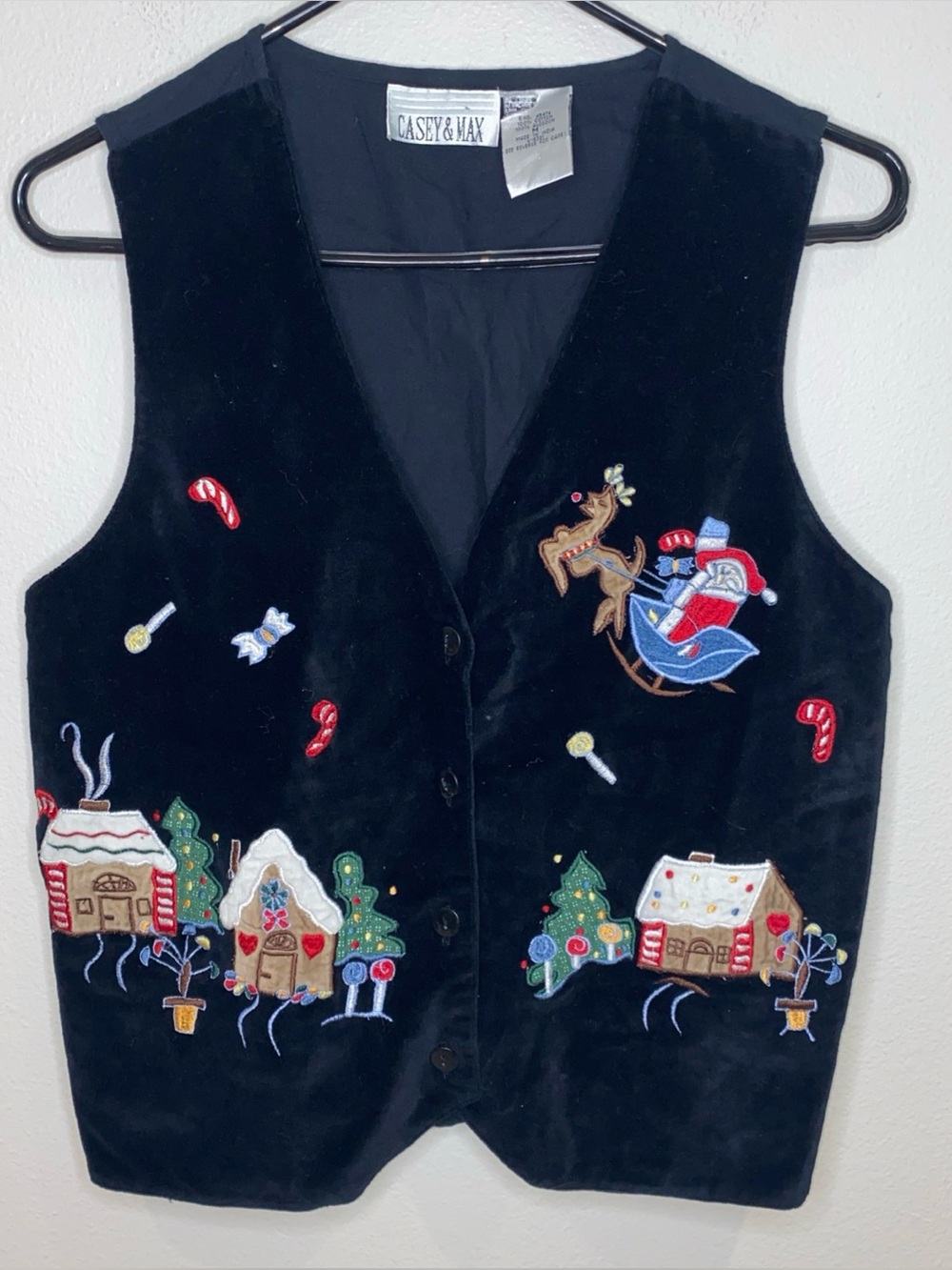 Vintage Casey & Max Black Velour Christmas Vest Size L Button Closure Santa